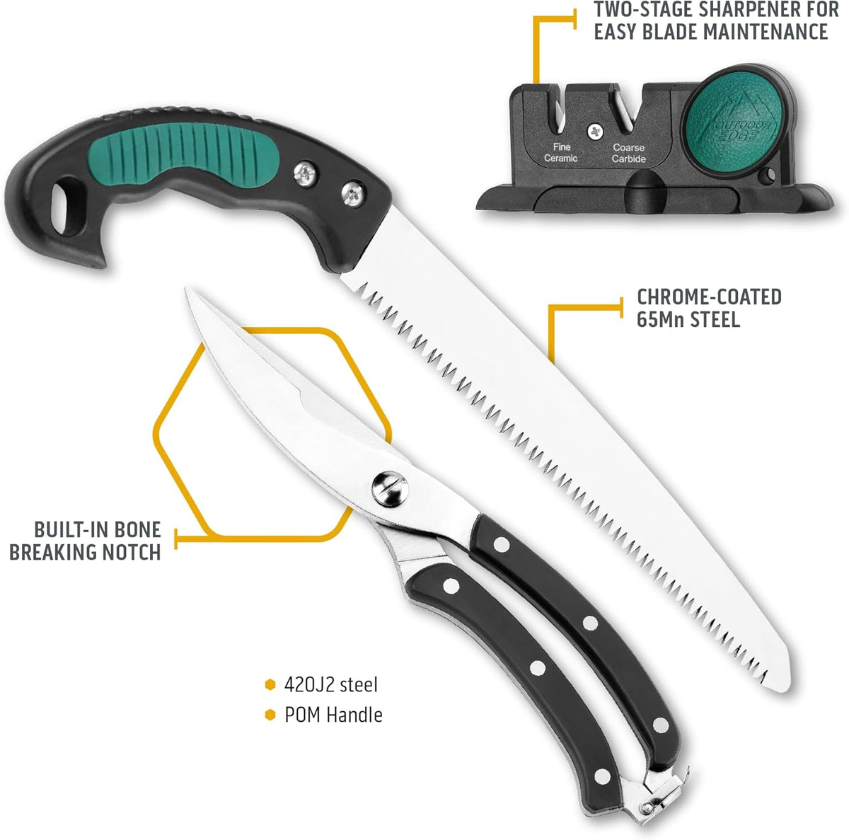 Game-Pro 11-Piece Butcher Knife Set | Caping & Boning Knives, Deer Skinning Knife, Bone Saw, Game Shears, Sharpener & Rib Spreader in Hard-Side Case | Elite Elk & Deer Hunting Gear