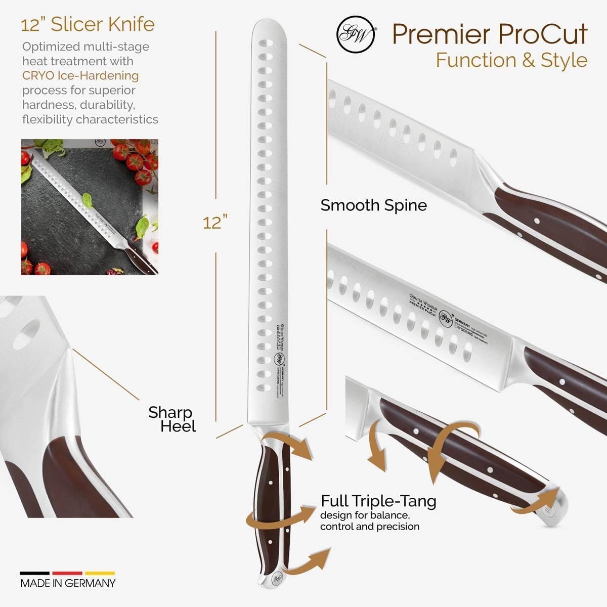 12" Brisket Carving Knife – German-Made Meat Slicing Knife for BBQ & Roasts – Razor Sharp German Steel – Full Triple Tang – Ergonomic Dark Brown ABS Handle – PREMIER ProCut Series