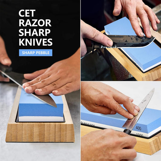 Premium Whetstone Knife Sharpening Stone Set Double-Sided400/1000Grit | Non-Slip Bamboo Base Blue & White Easy – sharpens kitchen, pocket, hunting knives & scissors.