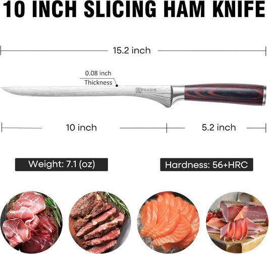 Ham Slicing Knife,10 Inch Carving Knife for Meat | Ergonomic Handle with Sheath, High Carbon Stainless Steel Blade for Bone-In Ham, Roast Beef, Turkey & Smoked Salmon
