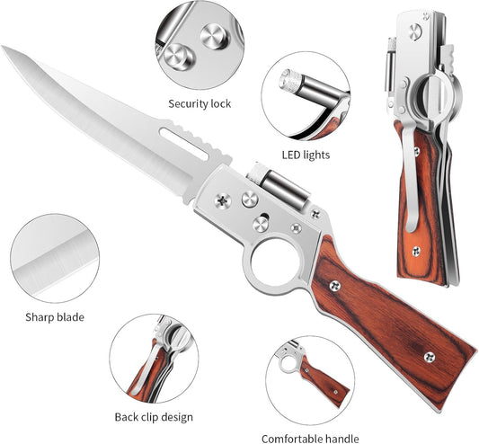 AK47 Style Tactical Folding Pocket Knife – EDC Gift for Men with LED Light, Wood Handle & Pocket Clip, Laser Engraving Ready, Outdoor Camping Hiking Gear (1)