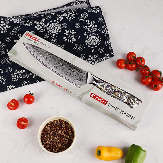 Awabi Gyuto Chef Knife 67 layers of Damascus Steel with a VG-10 Super Steel Core with Abalone Shell Resin Handle | 67-layer Damascus steel, VG-10 core, and abalone resin handle for chef slicing and prep