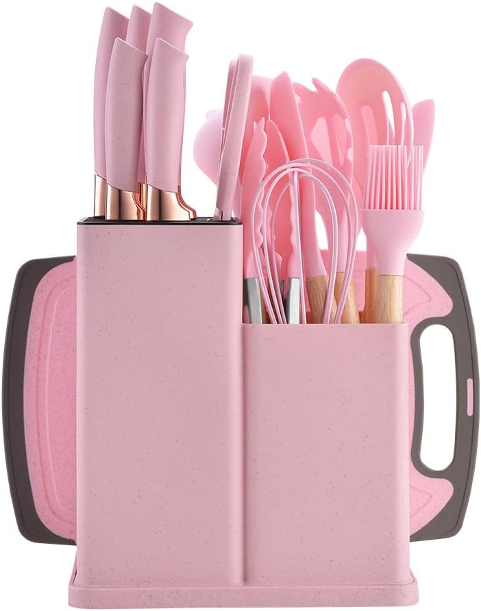 19 Piece Kitchenware Utensils and Knife Set- Includes: 9 Piece Silicone Cooking Utensils- 6 Piece Sharp Stainless Steel Chef Knives- Scissors -Whisk Tongs and Cutting Board