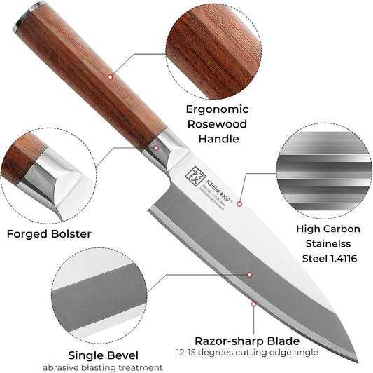 Deba Knife 6.5 inches, Chef Knife Single Bevel High Carbon Stainless Steel 1.4116 Japanese Style Kitchen Knife for Fish and Meat with Rosewood Handle Chopping Knife with Gift Box