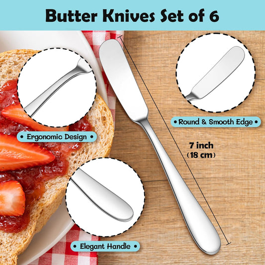 Butter Spreader Knife Set of 6, 7-Inch Stainless Steel Cheese Dessert Knives for Kitchen Restaurant Party, Mirror Silver, Smooth Rounded Handle