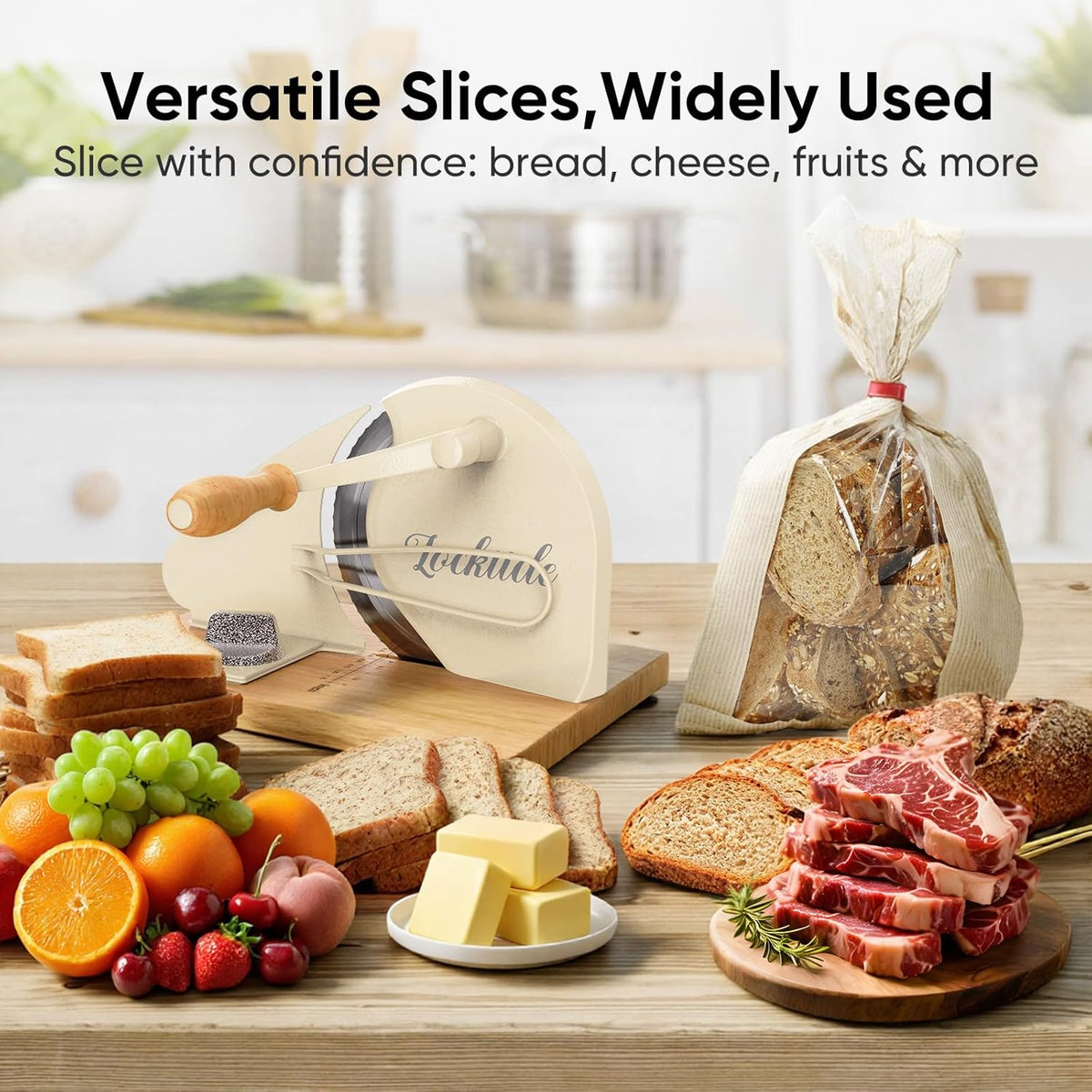 Manual Bread Slicer for Sourdough Homemade Adjustable Thickness | Hand Crank Bread Cutter With Scale Line & Suction Cups & Solid Wood Base & Sharp Serrated Blade, Evenly slices artisan loaves