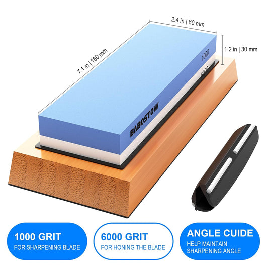 Knife Sharpening Stone 1000/6000 Grit with Base & Angle Guide | Dual Premium Whetstone with NonSlip Bamboo Base, Rubber Base & Angle Guide, Simple Kitchen Waterstone Set, for Beginners