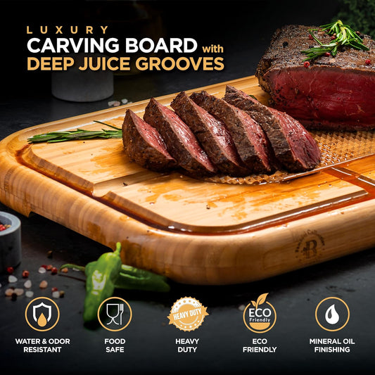 Meat Cutting Board - Extra Large Bamboo Carving Board, 18 x 13 Thick Butcher Block with Deep Juice Groove, Non Slip Center, Reversible Board for Steak, Brisket, Turkey, BBQ Prep Grilling Gifts for Men
