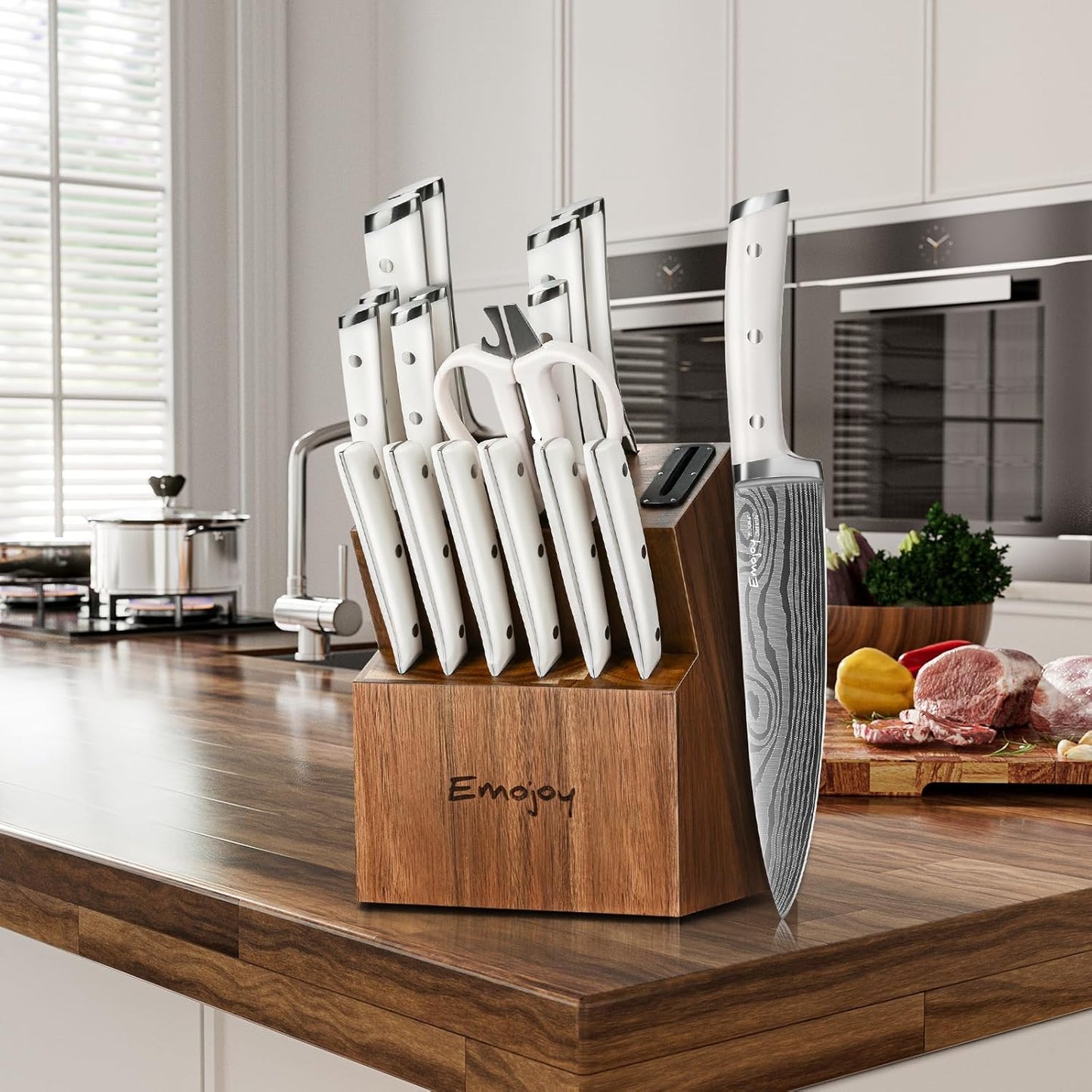 Knife Set, 15-Pcs Kitchen Knife Set with Block and Built-in Sharpener, German High Carbon Stainless Steel Knife Block Set, Non-slip Handle, 6 Steak Knives, Sliver