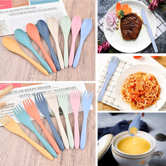 8 Color Travel Utensil Set with Case, Reusable Spoon Knife Forks Box Utensil Set for Lunch for Adult and Elderly, Service for 8