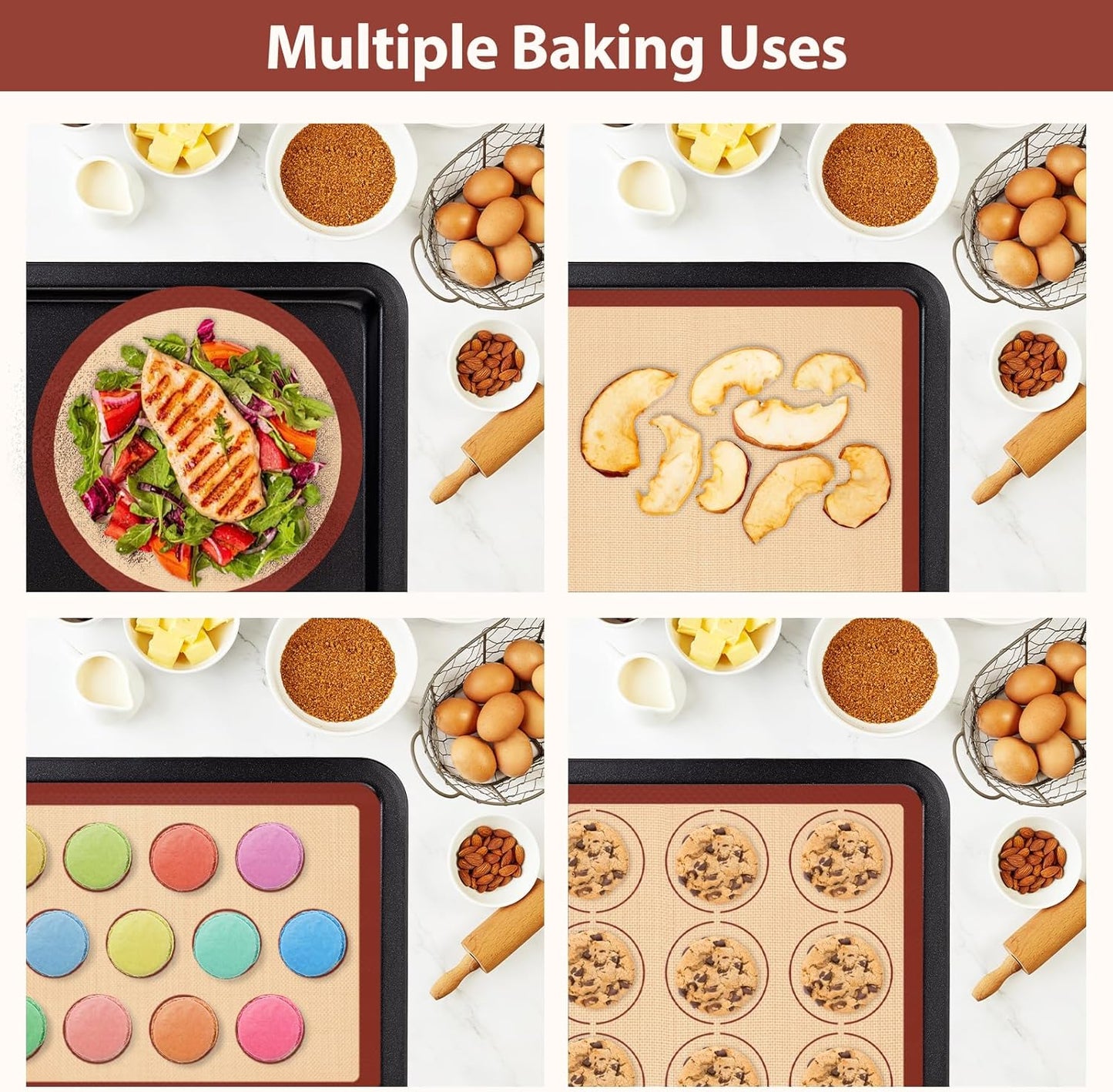 Silicone Baking Mat Set, Nonstick Reusable Liners, 2 Half & 1 Quarter Sheet for Cookies, Bread, Pastry, Dough Prep and Oven Baking