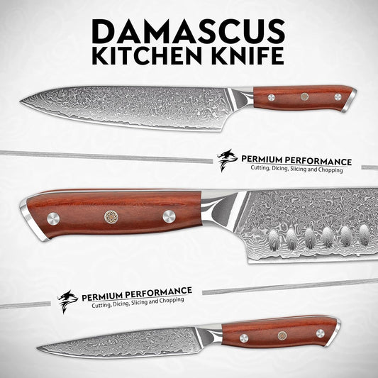 Damascus Knife Set - 3 PCS Kitchen Knife Set | Chef Knives 8 Inch, Santoku 7 Inch , Paring Knives 5 Inch, VG10 Steel Blade, Ergonomic Wooden Handle, Gift Box