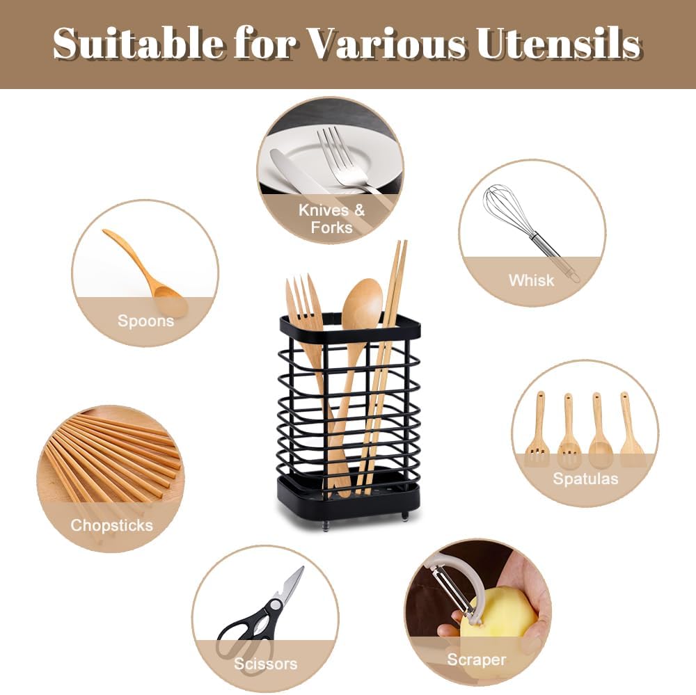 Kitchen Utensil Holder, Stainless Steel Cooking Cutlery Drainer, Storage Holder Utensil Organizer Caddy for Organize Drawer, Countertops and Tableware Storage