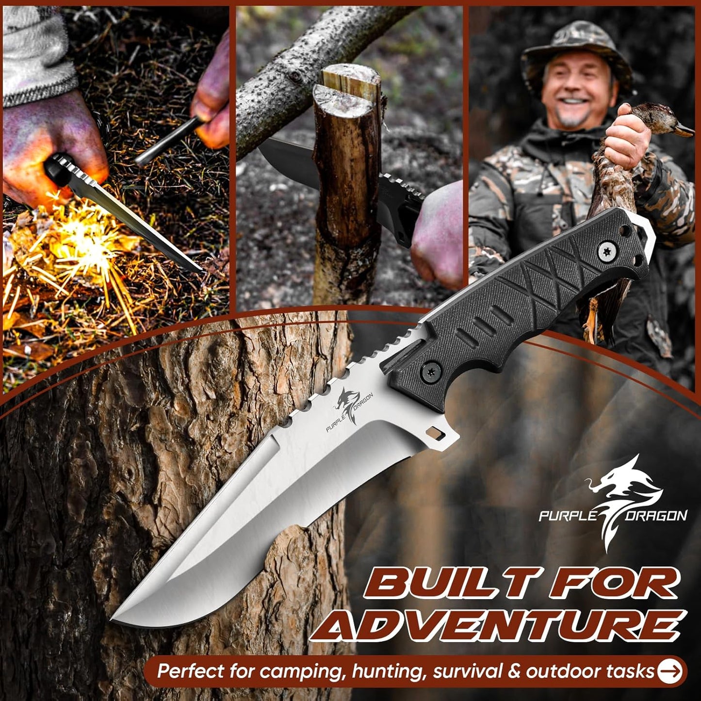 Fixed Blade Knife with Kydex Sheath - Plain Blade | D2 Steel Blade, Ergonomic G10 Handle, Gift Box, Outdoor Survival Gear, for Bushcraft Survival and Hiking