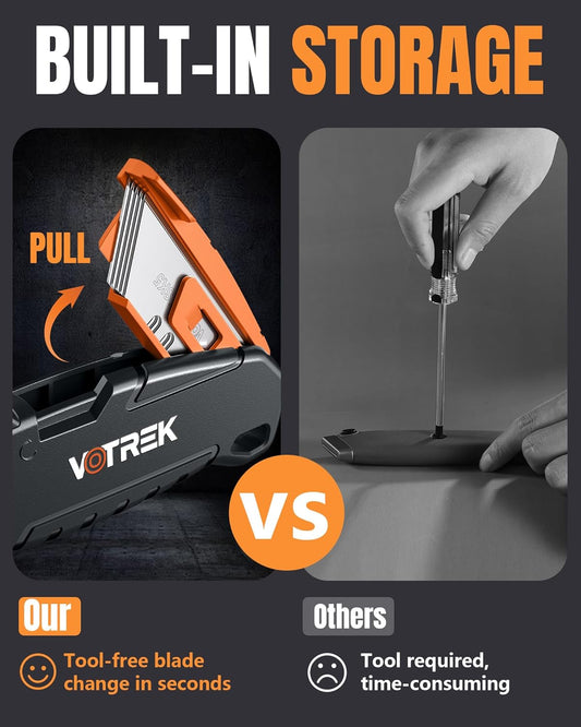 VOTREK® Box Cutter Retractable| Metal Utility Knife Set【Built-In Storage】Tool-Free Quick Blade Change| Safety Lock| Extra 10 Sharp SK5 Blades| 2-Pack Razor Knife for Cardboard & Paper Craft Tools