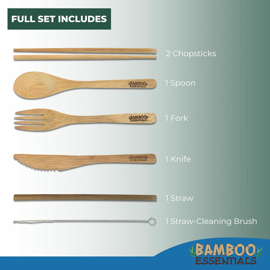 Travel Utensils with Case Set Fork, Knife, Spoon, Chopsticks, Straw, Straw-cleaning brush, Travel Pouch and Carabiner, Excellent For Everyday Use! ((1Set) Sky Blue)