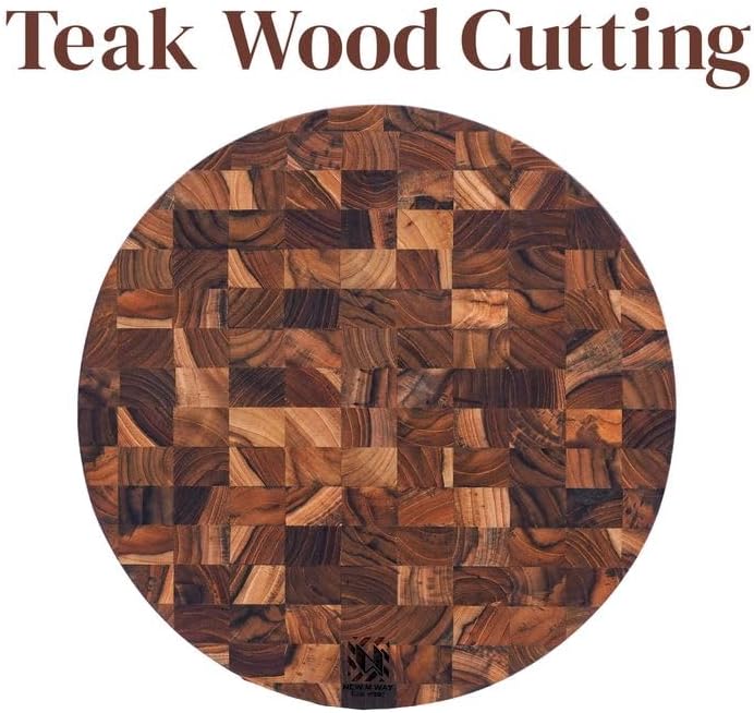 Teak Wood Round End Grain Cutting Board 11.8 Inch, Non Toxic Solid Wood Cutting Board for Kitchen Prep, Pizza & Serving Board with Handle by New M Way