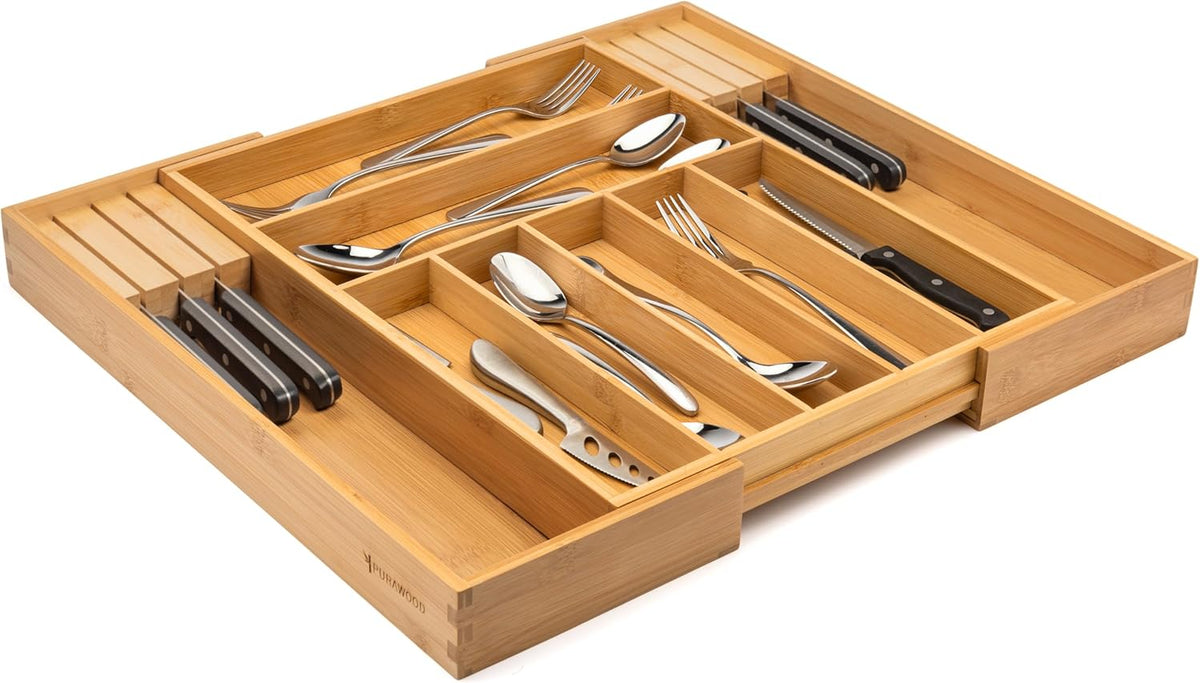 Bamboo Drawer Organizer - Expandable Silverware Organizer & Utensil Drawer Organizer, Cutlery Tray with Dividers, 7-9 Slots- Kitchen Organizer for Utensils & Flatware (Natural)