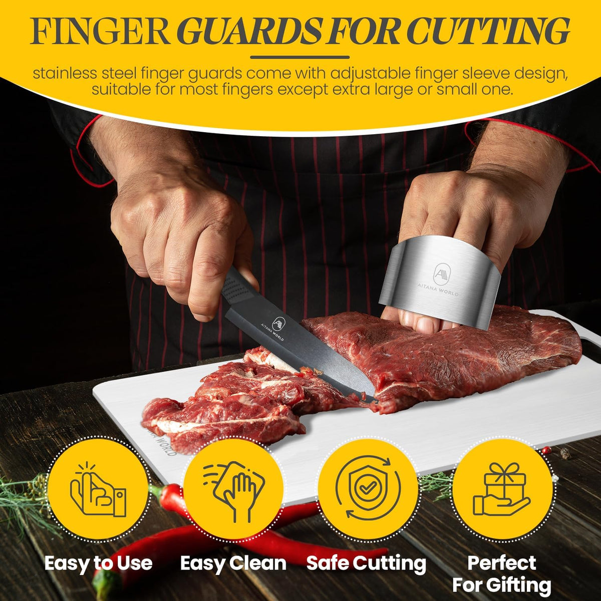 Stainless Steel Cutting Board for Kitchen – 4-Piece Kitchen Kit with Finger Guards, Paring Knife & Knife Sharpener – Rustproof Steel Chopping Board, Non-Slip, Easy to Clean,for Meat, Veggies & Fruits