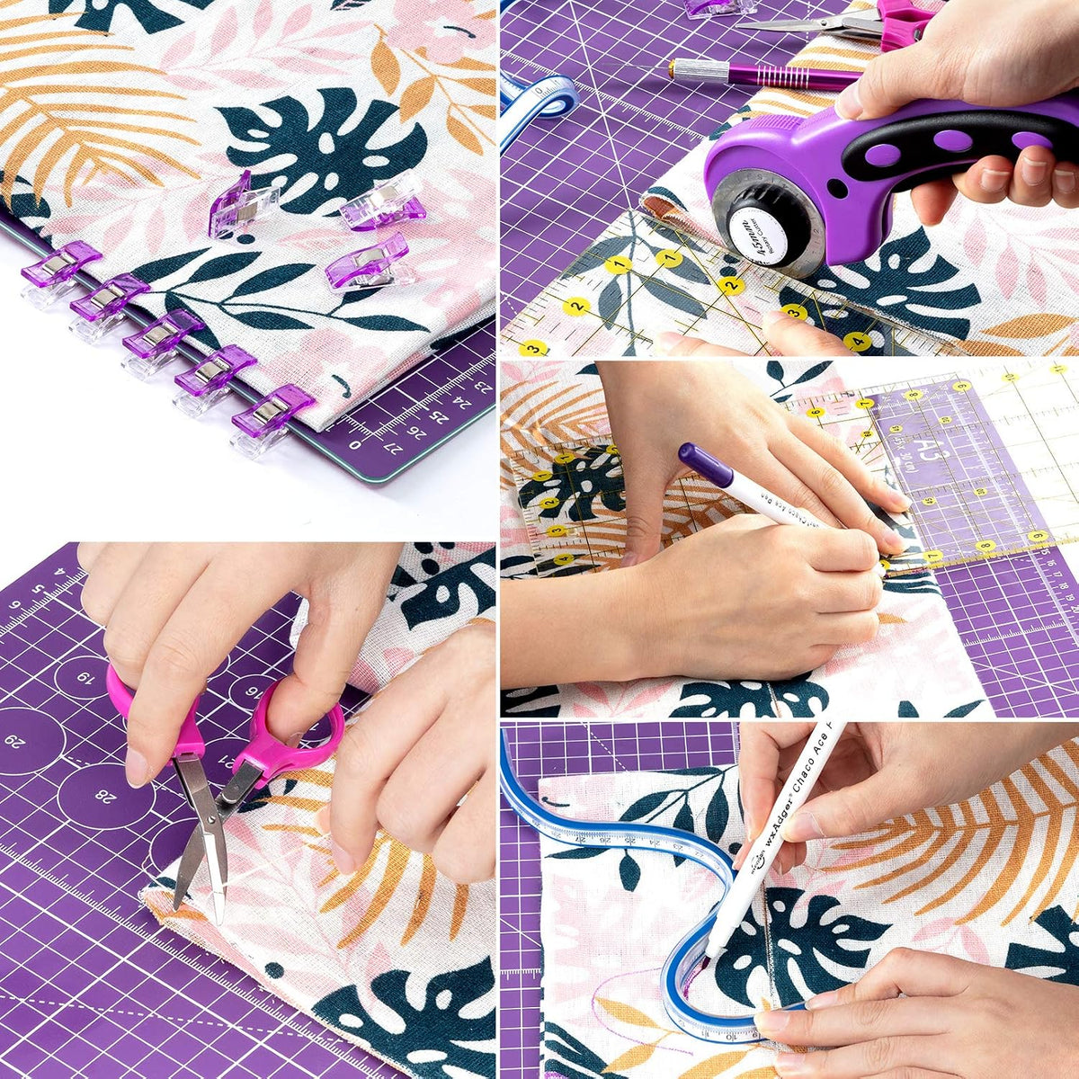 Rotary Cutter Set,Sewing Quilting Supplies,45mm Fabric Cutters,A3 Cutting Mat for Sewing,Acrylic Rulers,Scissors,Exacto Knife,Clips,Beginners Sewing Accessories,Fabric Cutter Kit