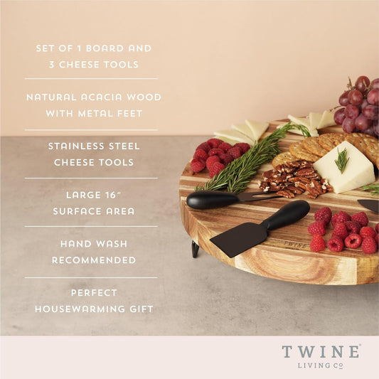 Acacia Cheese Board and Knife Set, Footed Cheese Snack Tray and Cheese Knives Set Cooking Accessories, 16inch Diameter