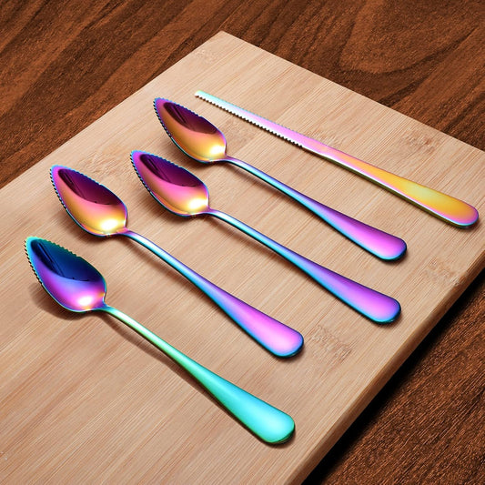 Grapefruit Spoons & Grapefruit Knife, Stainless Steel Grapefruit Utensil | Serrated Edge & Thick Gauge Handle, Rainbow Kitchen Tool Set with Non-stick Plating for Kiwi, Dessert, Apple (5 PCS)