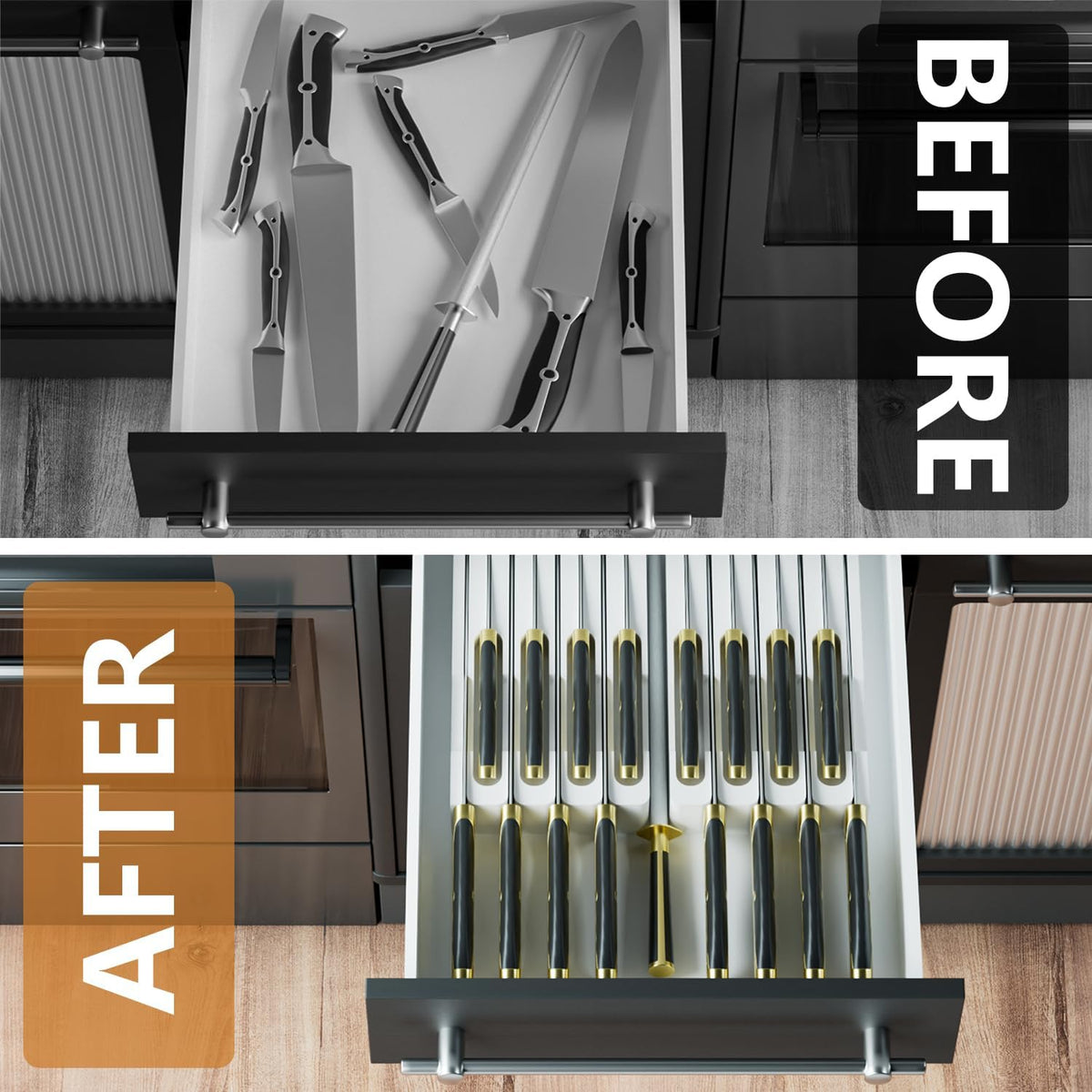 Bamboo In-drawer Knife Block - Kitchen Knife Drawer Organizer Insert, Knife Holder without Knives Large, Drawer Knife Organizer Fits for 16 knives and 1 Sharpening Steel (Not Included), Black