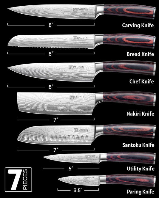 Chef Knife Set, 7 Pieces Kitchen Knife Set, High Carbon Stainless Steel, Ultra Sharp Knife Set, Professional Knives Set for Kitchen with Pakkawood Handle