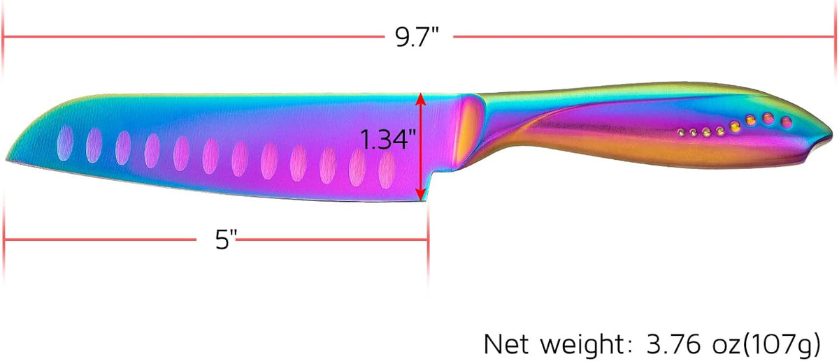 Santoku Knife 5 Inch, Super Sharp German Steel Kitchen Cooking Knife with Comfortable Handle and Rainbow Coating for Slicing Dicing and Mincing of Meat Vegetables and Fruits for Small Hand