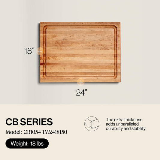 CB Series Rectangular Wooden Maple Cutting Board 24”x18” – 1.5” Thick, 18-lb Reversible Butcher Block with Juice Groove, Edge-Grain & Finger Grips – Made in the USA