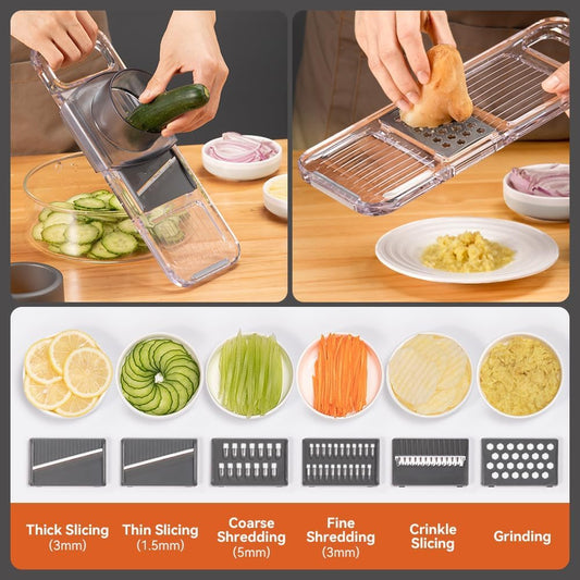 Transparent Multifunctional Mandoline Slicer - 6 Blades Interchangeable, Handheld Vegetable Cutter with Hand Guard for Kitchen, Onion, Garlic, Safe Food Slicer