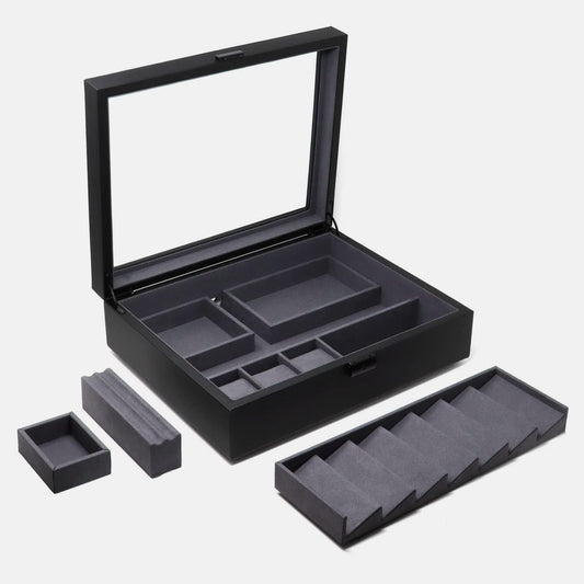 Cache Display Valet - EDC, Blade, Watch, and Jewelry Locking Storage Case, USB Pass-through, Microfiber Lining, Faux Leather, Stackable (Valet) Black