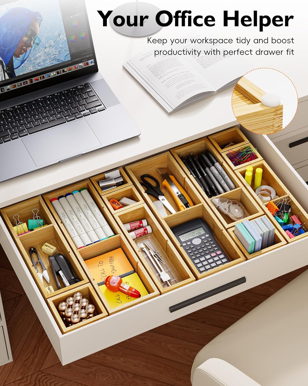 Bamboo Drawer Organizer Set, 6 PCS Desk Drawer Organizer Trays with 12 Compartments, Wood Storage Boxes for Junk Drawer, Kitchen Utensils, Office Supplies, Makeup, Jewelry, Bathroom