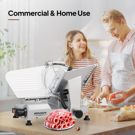 10inch Commercial Meat Slicer, 300W Electric Deli Food Slicer with Premium Chromium-plated Steel Blade, 0-12 mm Adjustable Thickness, ETL Certified for Frozen Meat Ham Baguett Steak, Silver