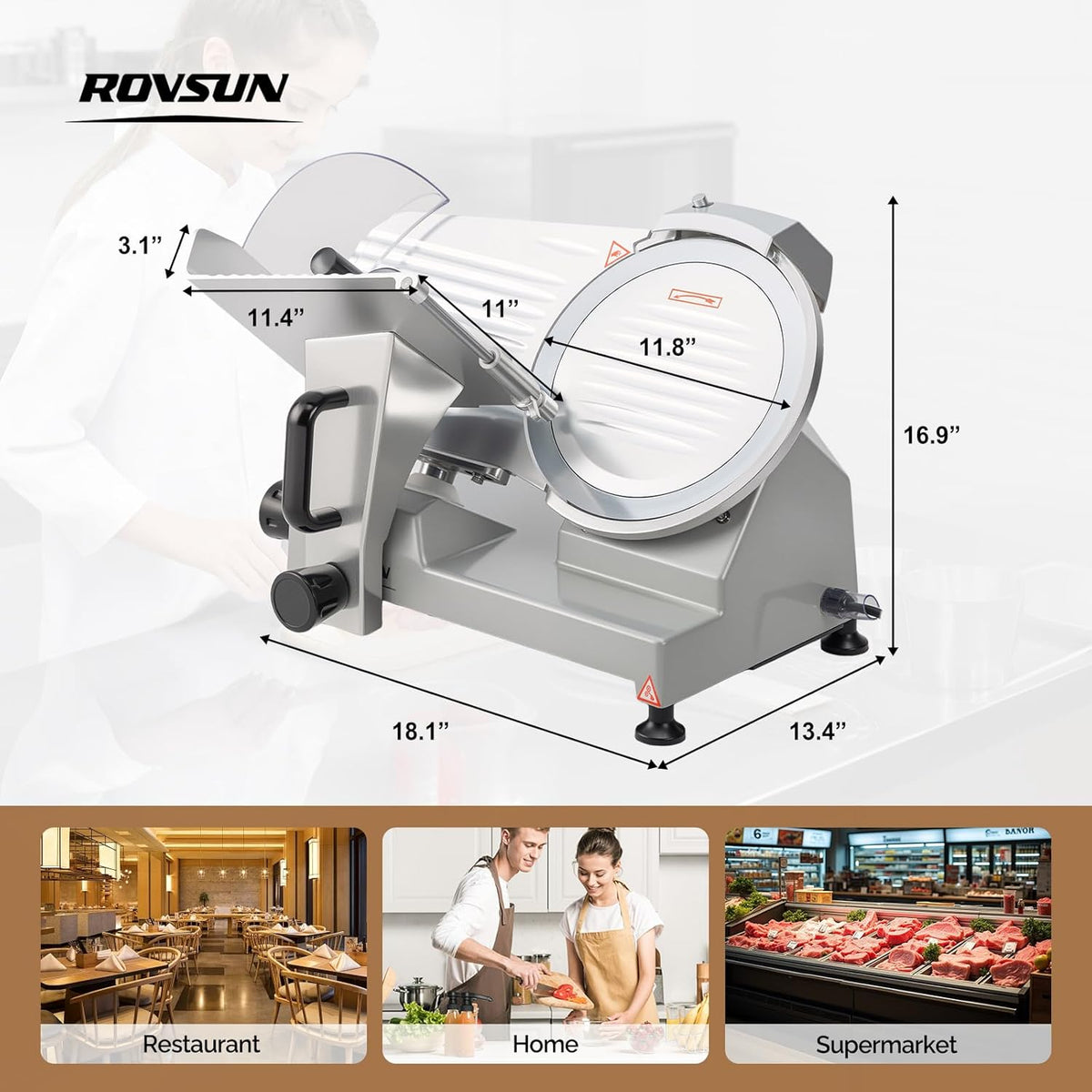 10inch Commercial Meat Slicer, 300W Electric Deli Food Slicer with Premium Chromium-plated Steel Blade, 0-12 mm Adjustable Thickness, ETL Certified for Frozen Meat Ham Baguett Steak, Silver