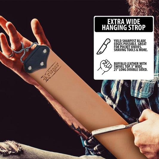 KRIEGAR Extra Wide Double Sided Hanging Strop | Smooth Buffalo Leather and Coarse Suede | Swivel Hook for Easy Flipping | Professional Blade Maintenance Tool | 3"W x 21"L
