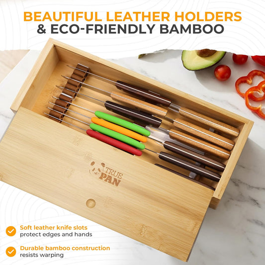 Kid Safe In-Drawer Bamboo Box, for Chef Knives or Steak Knives, with newly invented Beautiful Leather Holders. Only 5.5 Inches Wide. Best Knife Block Alternative!