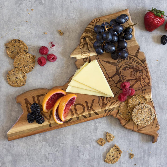 Rock & Branch Origins New York State Shaped Wood Cutting Board | State charcuterie board with bold engraved artwork. Smooth reverse side for food prep. Hang tie for wall display.