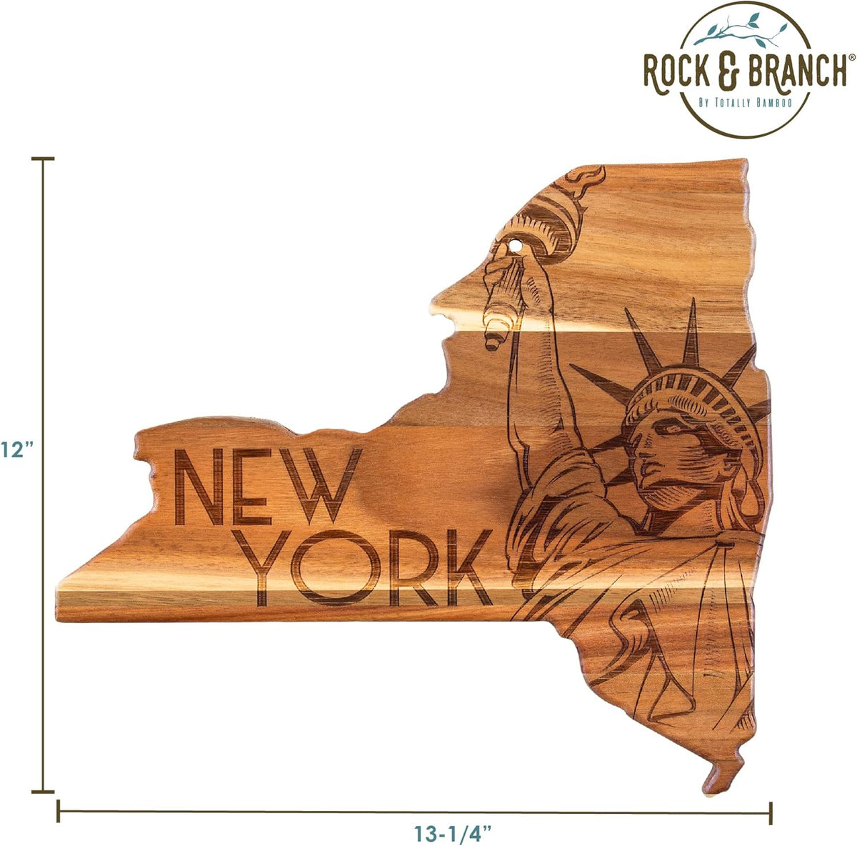 Rock & Branch Origins New York State Shaped Wood Cutting Board | State charcuterie board with bold engraved artwork. Smooth reverse side for food prep. Hang tie for wall display.