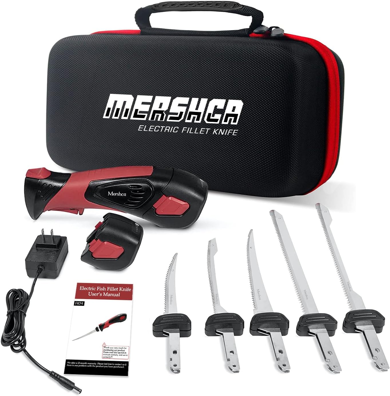 Cordless Electric Fillet Knife, with 5 Ti-Nitride S.S. Coated Non-Stick Reciprocating Blades & Cooling Hole Non-Slip Grip Handle & Practical handbag, Rechargeable Electric Knife for Fishing