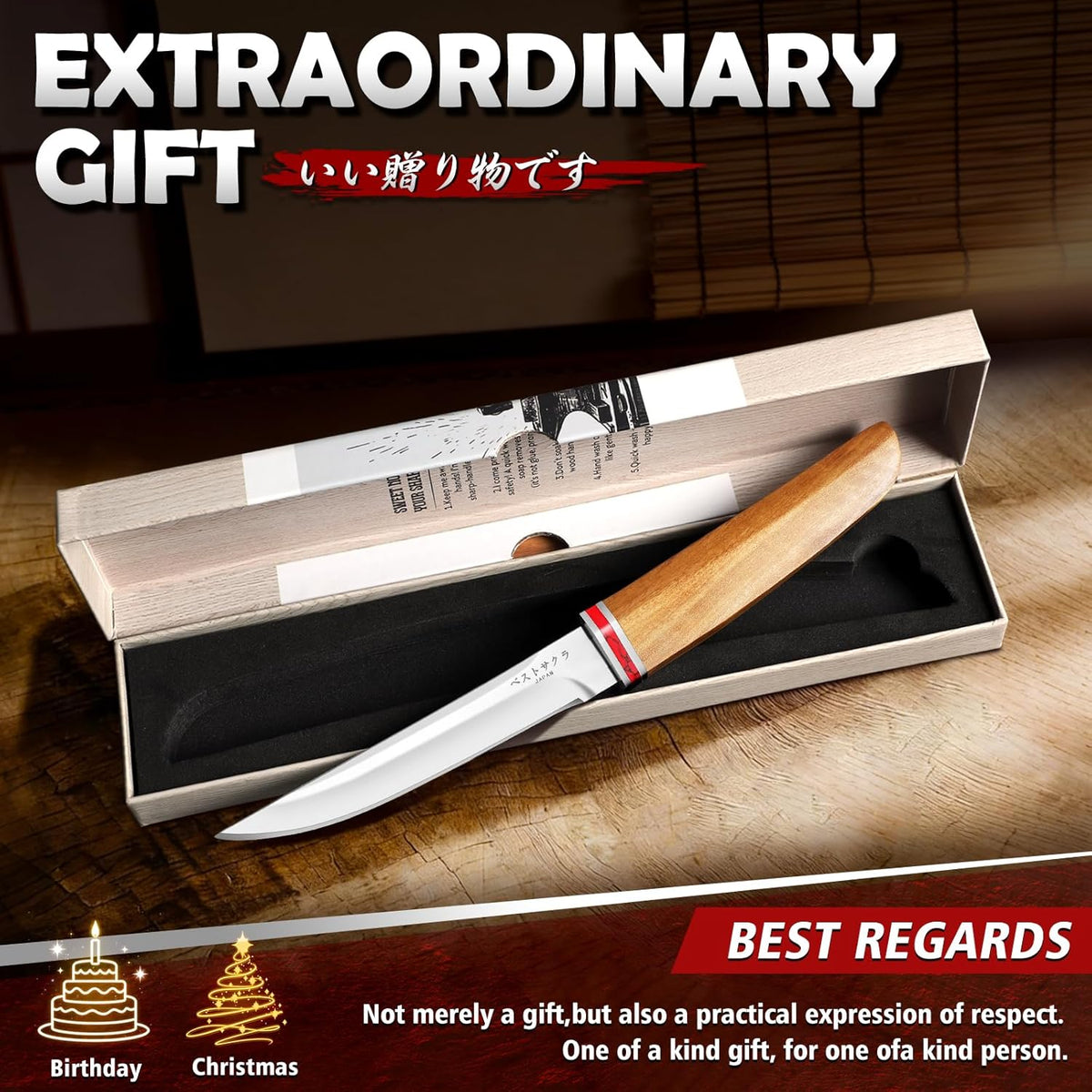 DRGSKL Utility Fixed Blade Knife - Handcrafted Japanese Knife with Sheath | D2 Steel, Premium Natural Walnut Wood Handle & Sheath, Gift Box, Red Marble Texture Decoration