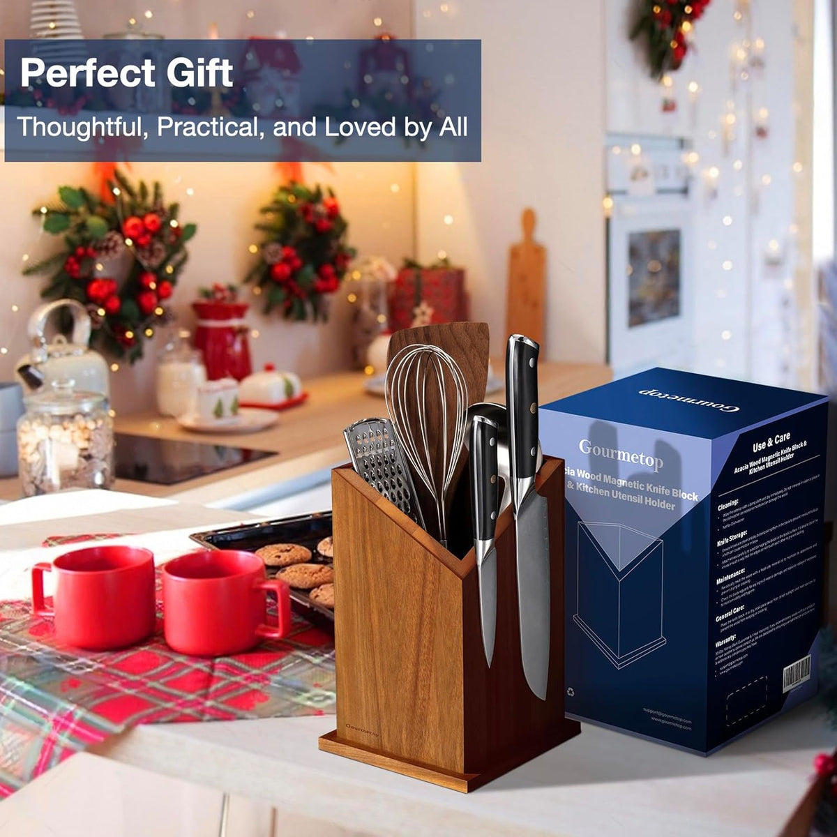 2026 Upgraded Magnetic Knife Holder for Countertop, Double-Sided Acacia Wood Magnetic Knife Block Without Knives, Universal Knife and Utensil Holder for Kitchen, Stronger Magnets of Kitchen Organizer