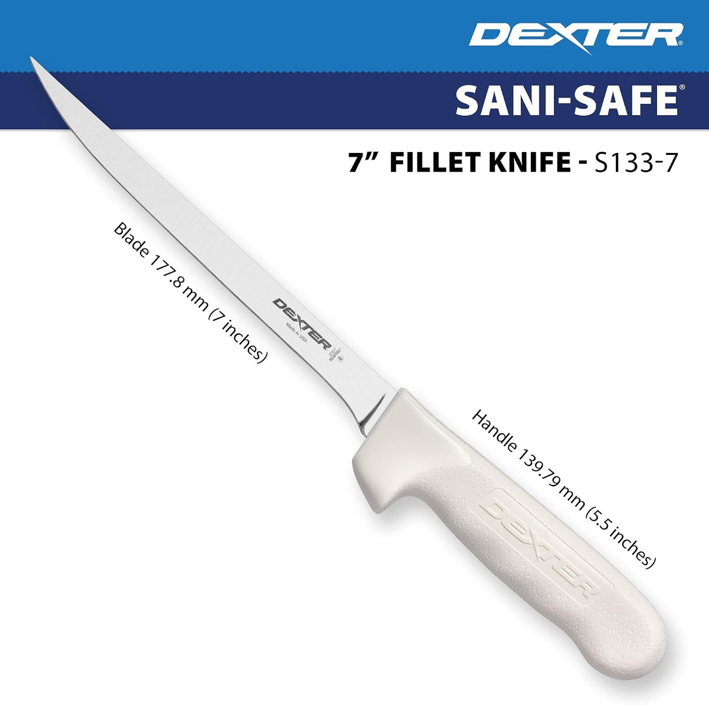 S133-9PCP Sani-Safe 9" Flexible Fillet Knife, NSF | Flexible DEXSTEEL high-carbon stainless blade with textured slip-resistant grip. NSF certified for fishing fillet work.