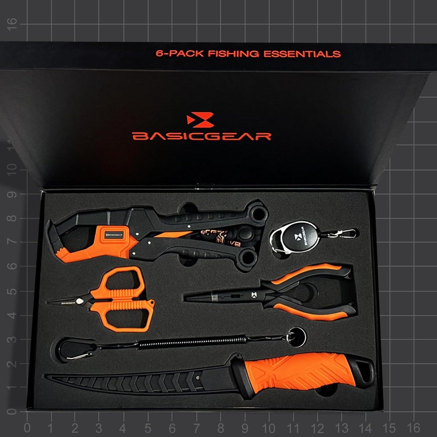 BasicGear Fishing Tool Set – 7” Pliers, 9.5” Fish Lip Gripper, 4.5” Scissors, 7” Fillet Knife, Retractable Clip & Steel-Core Tether, Rust-Resistant Multi-Tool Kit for Anglers