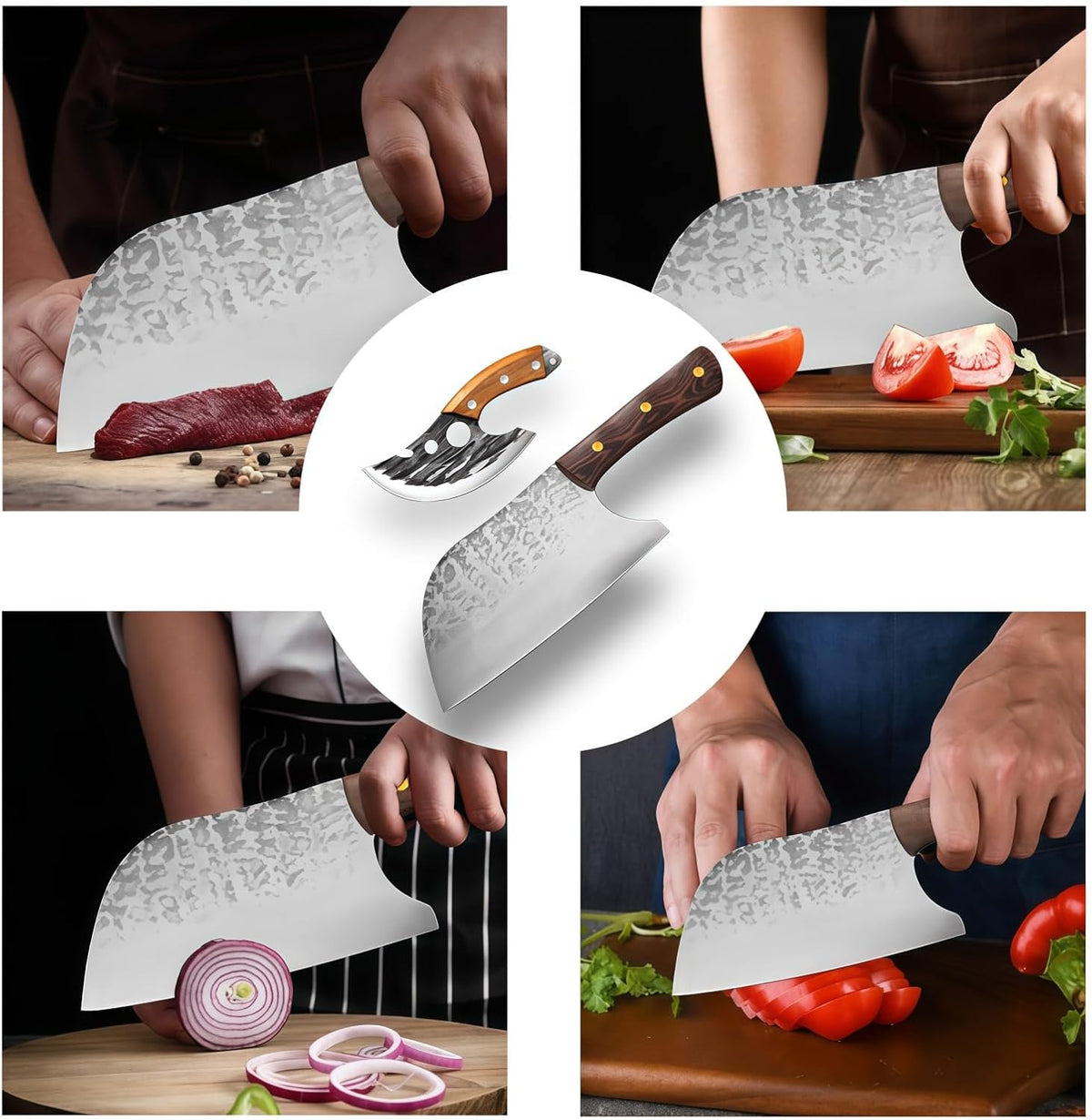 Kitchen Knife Set, Solid Wooden 2PCS Hand Forged Meat Cleaver Knife
