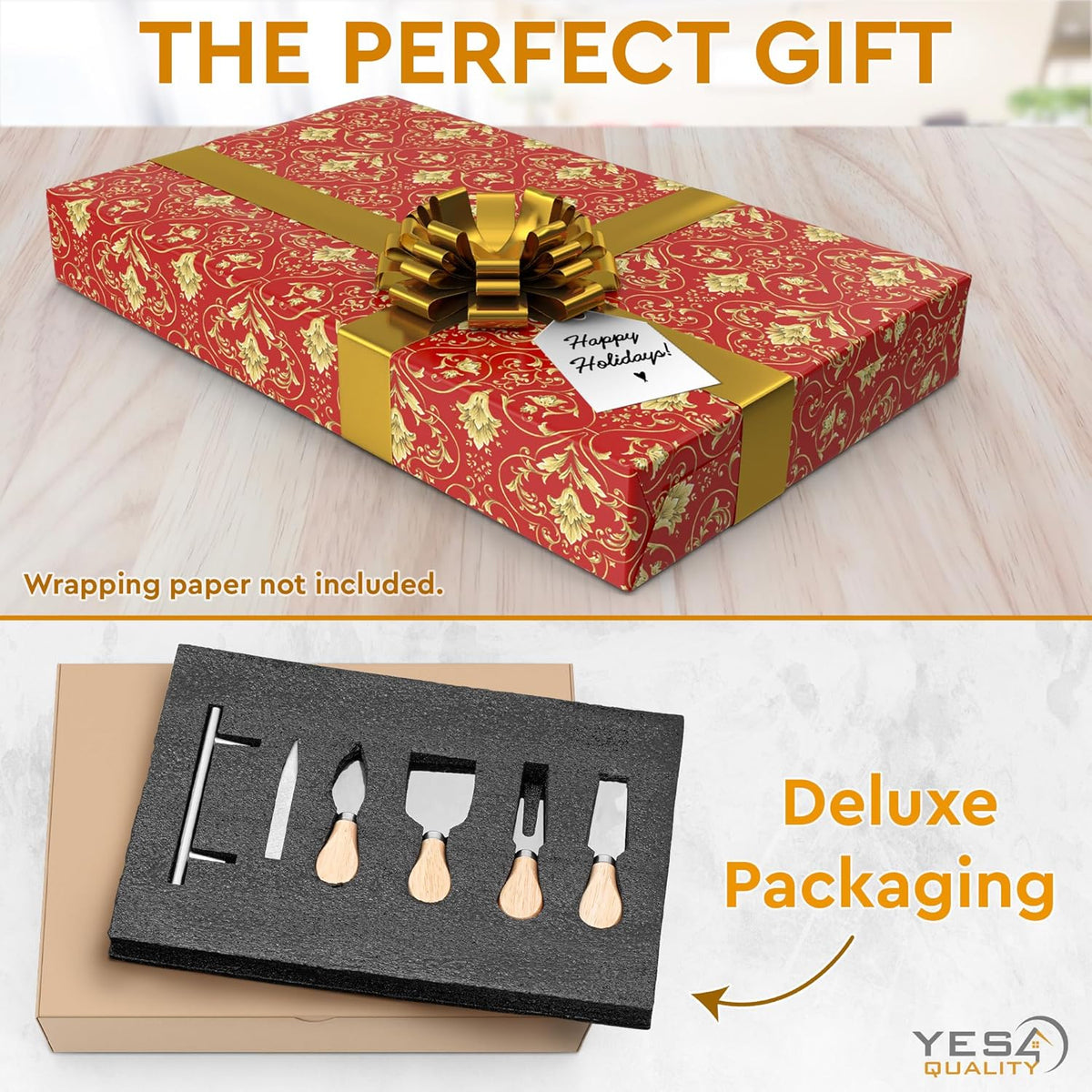 Slate Cheese Board Set w/Easy Carry Handles (14” x 10”, Black) Natural Stone Slate Tray for Appetizer Serving; Full Deluxe Cheeseboard Platter w/ 3 Knives, 1 Fork & 2 Soapstone Chalks