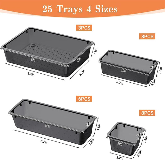 25 PCS Plastic Drawer Organizer Set, 4-Size Versatile Organizer Tool Trays & storage Bins for Makeup, Jewelry, and Gadgets in Bathroom, Bedroom and Office,Clear Black