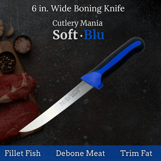 SoftBlu Kitchen Knifes, X50CrMoV15 German Stainless Steel, Non-Slip Soft Grip Handle, Professional (Boning Knife, Wide, 6")