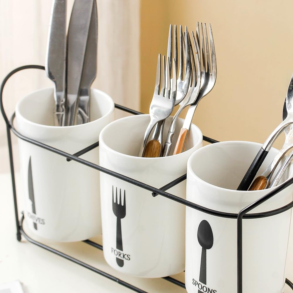 3-Piece White Ceramic Silverware Holder for Party Countertop, Utensil Holder with Black Metal Rack Flatware Caddy Cutlery Storage Organizer for Kitchen Table (White+Black B)