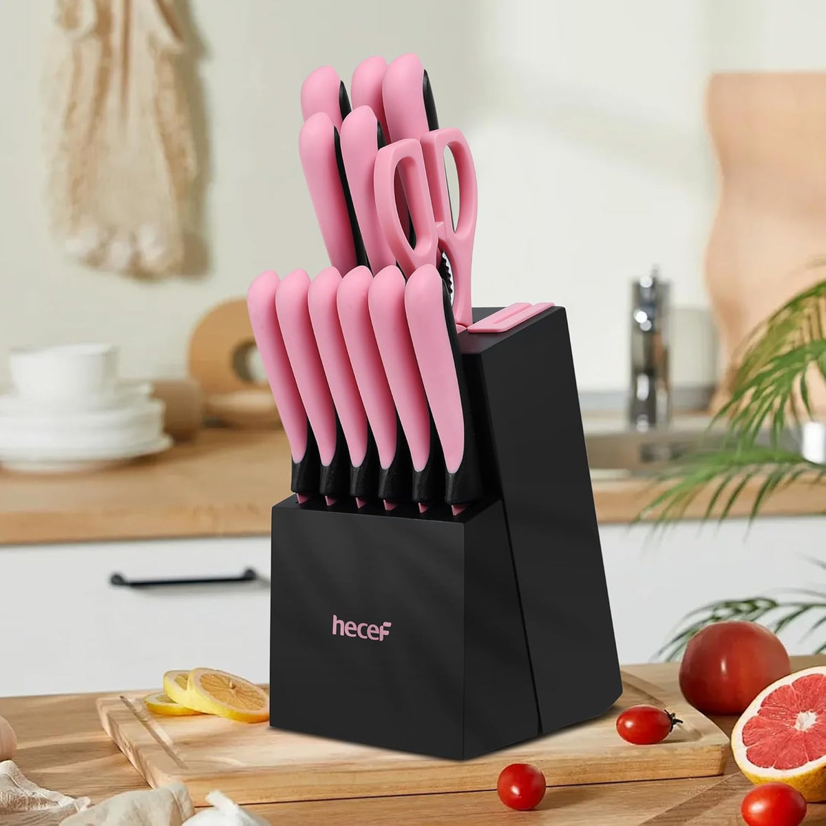 14 Pieces Kitchen Knife Set with Built-in Sharpening Wooden Block, Dishwasher Safe, High Carbon Stainless Steel Knife Block Set with Steak Knives, Kitchen Scissors (Red)